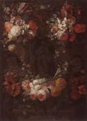 Gaspar Peeter Verbrugghen the younger Still life of a garland of flowers surrounding a niche containing a statue of the immaculate conception oil painting image
